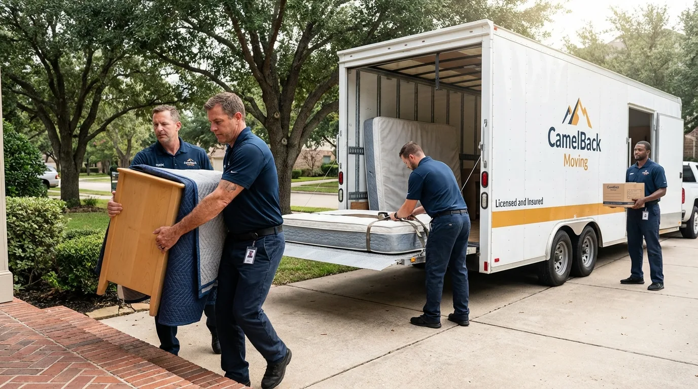 Crew loading residential truck for cross-state move from Calabasas, CA