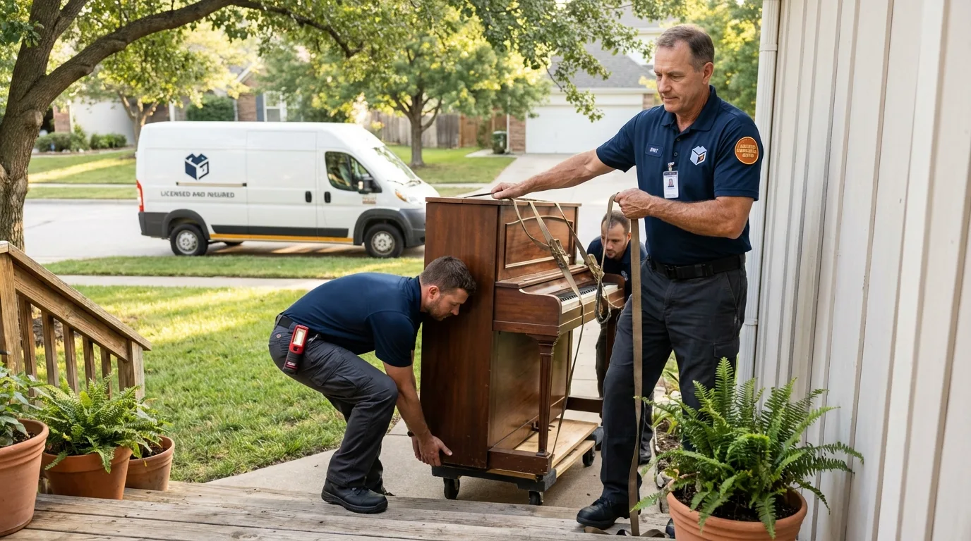 Licensed piano movers securing grand piano in Calabasas, CA