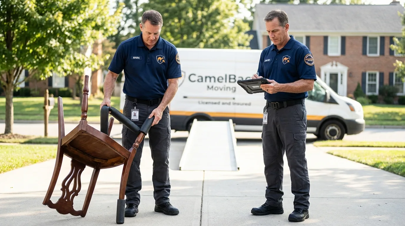 Movers inspecting furniture for damage prevention before loading in Calabasas, CA