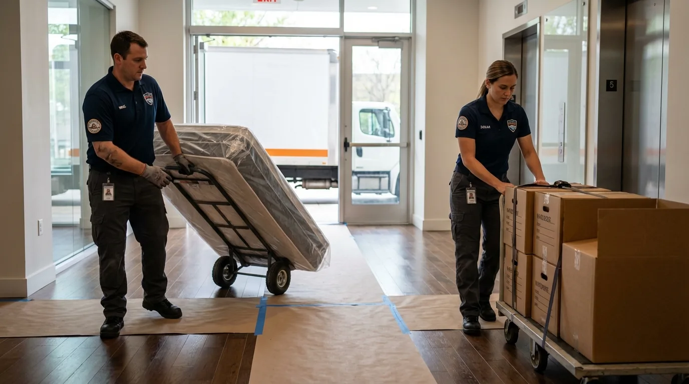 Professional apartment movers loading elevator in Calabasas, CA