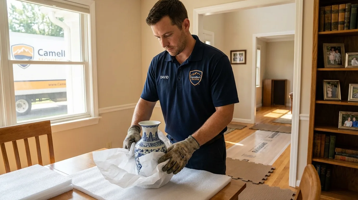 Professional crew carefully wrapping antique vase for senior downsizing move in Calabasas, CA